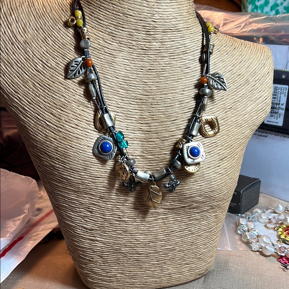 Chico’s Bohemian Charm Necklace with Silver, Gold and Blue Accents